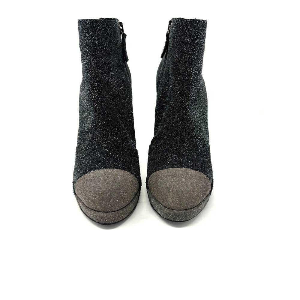 CHANEL Black Grey Glitter Leather Heel Booties Size 37 CC Logo - Picture 3 of 9